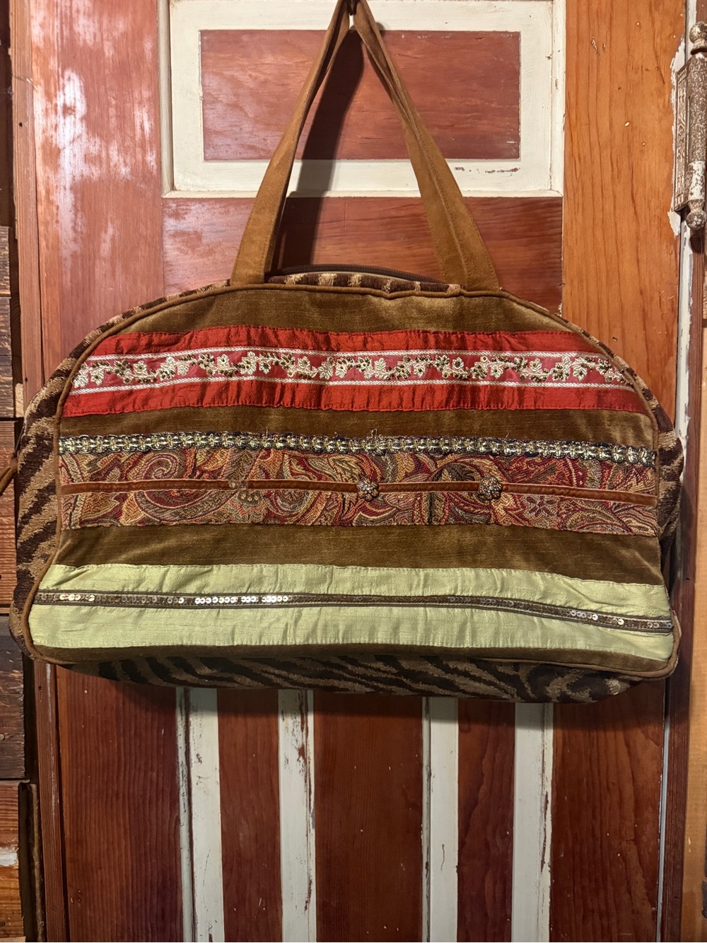 Patchwork Travel Tote in Brown, Red and Green